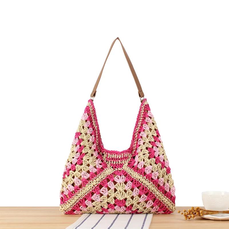 Hollow Out Woven Shoulder Bag Fashi Versatile Bohemian Beach Vacati Handbag Color-blocked Design Women's Underarm Bag
