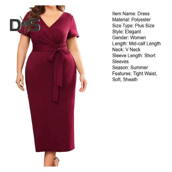 Women Dress V Neck Plus Size Short Sleeve Belted Tight Waist Solid Color Sheath Slim Fit Mid Calf Length Soft Evening Dress Formal Midi Dress