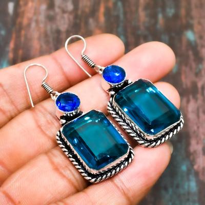Zwitserse Blauwe Topaas, Edelsteen Handgemaakt Massief 925 Sterling Zilveren Sieraden Oorbel