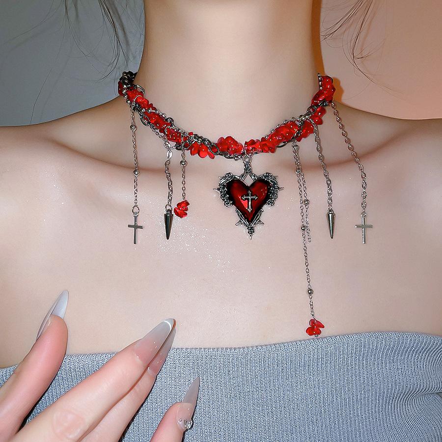 Goth Black Heart Love Cross Pendant Irregular Stone Bead Choker Necklace For Women Halloween Vintage Y2K Grunge EMO Accessories