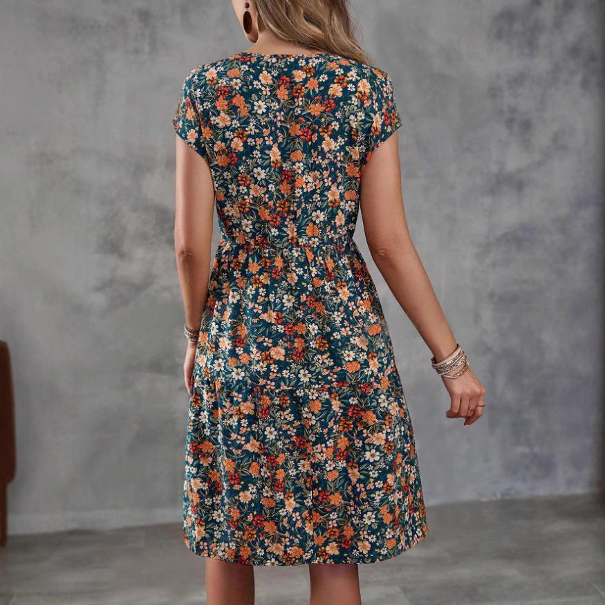 Women Summer Short Sleeve Round Collar Flower Printed One Piece Dress