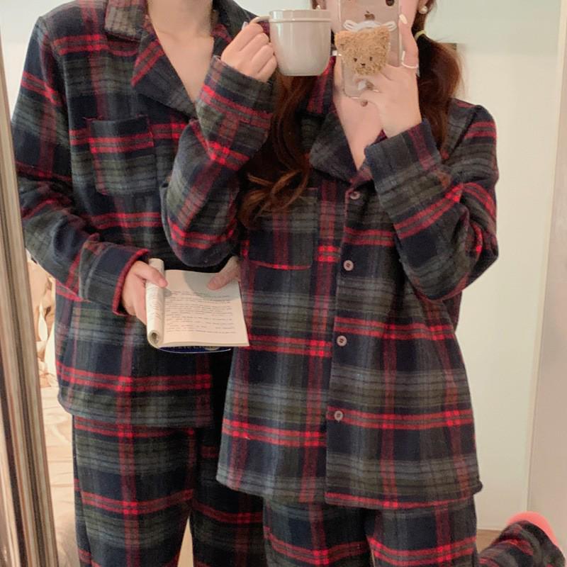 Couples' Matching Plaid Pajamas: Winter Long Sleeve & Pants Set for Indoor/Outdoor Wear