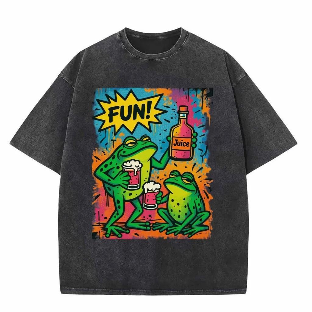 Vintage Washed Frog Graphic T-Shirt Men Streetwear Oversized Funny Animal Tee Hip Hop Harajuku Top Casual Acid Wash Gray Shirt