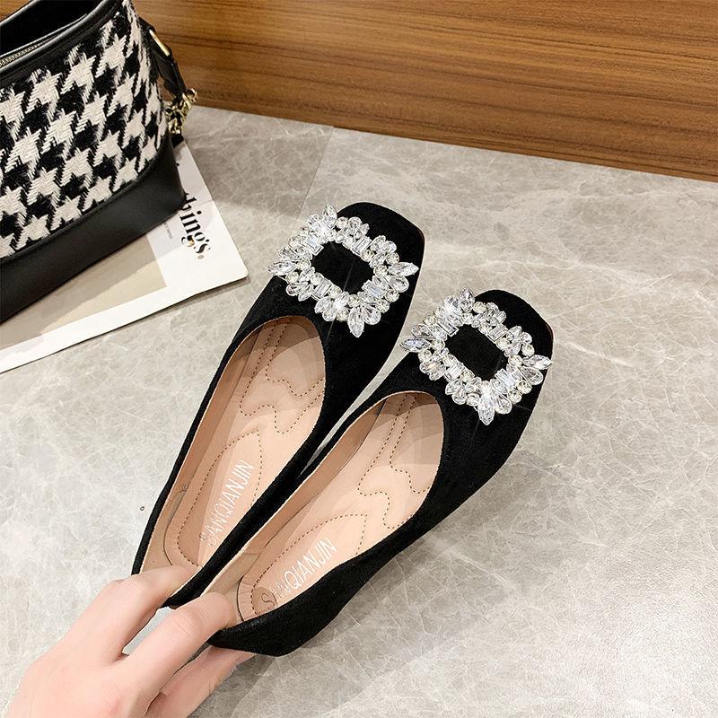 Single shoes women's spring 2025 new rhinestone square head shallow mouth flat bottom non-slip Internet celebrity fashion versatile gentle ladyshoes