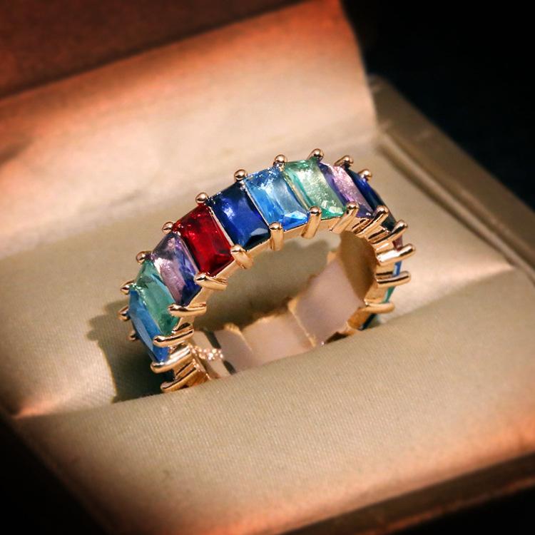 European and N Hip hop Style Color Zirconium Ring New Personality Ladder Zirconium True Gold