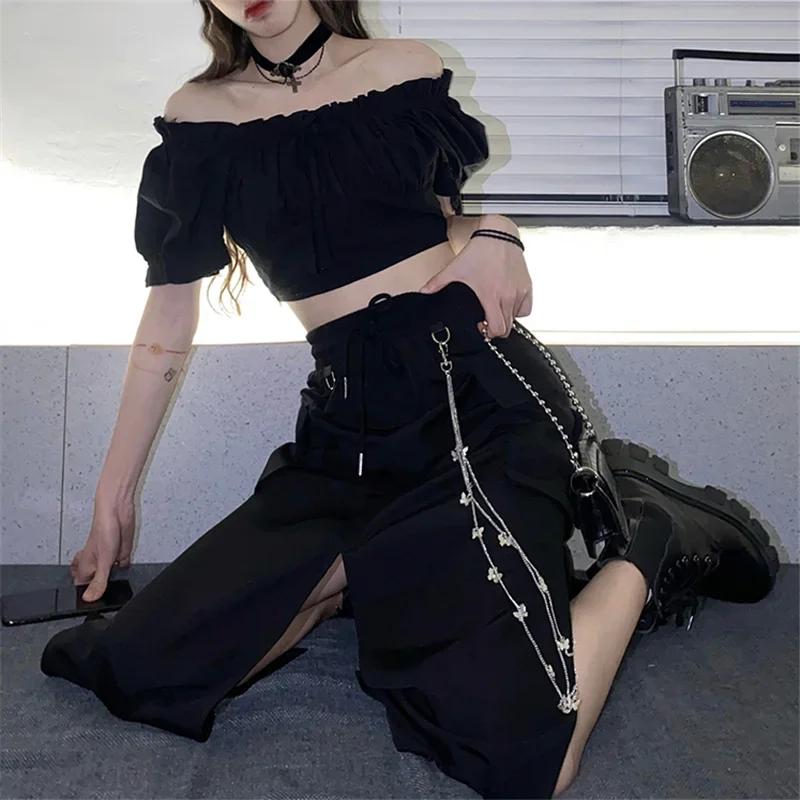 Spring Autumn Women Skirt Fashion Korean Style Black Long Skirts with Chain Side Slit Hip Hop Streetwear Plus Size