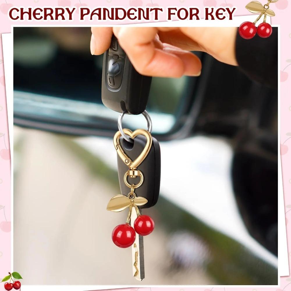 Cute Cherry Keychain Heart-Shaped Bag Charm Durable Lobster Clasp DIY Bag Accessory Car Key Accessories Golden Leaf Keyring