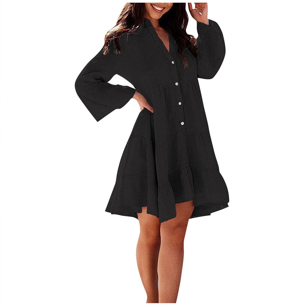 Women's Cotton Linen Loose Casual Long Dress Color Button Dress