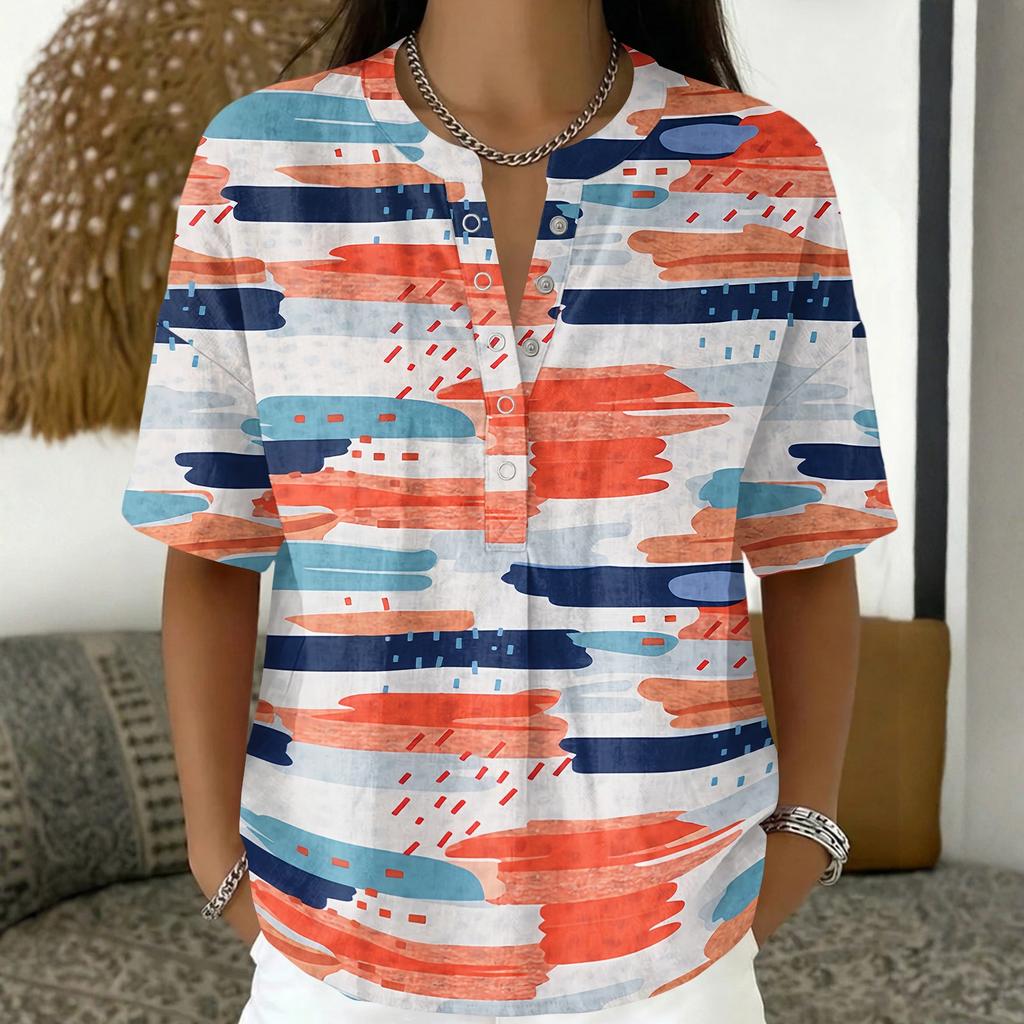 Damenmode Bedrucktes V-Ausschnitt-Shirt Kurzarm Pullover Top Leichte Lässige Bluse für den Alltag