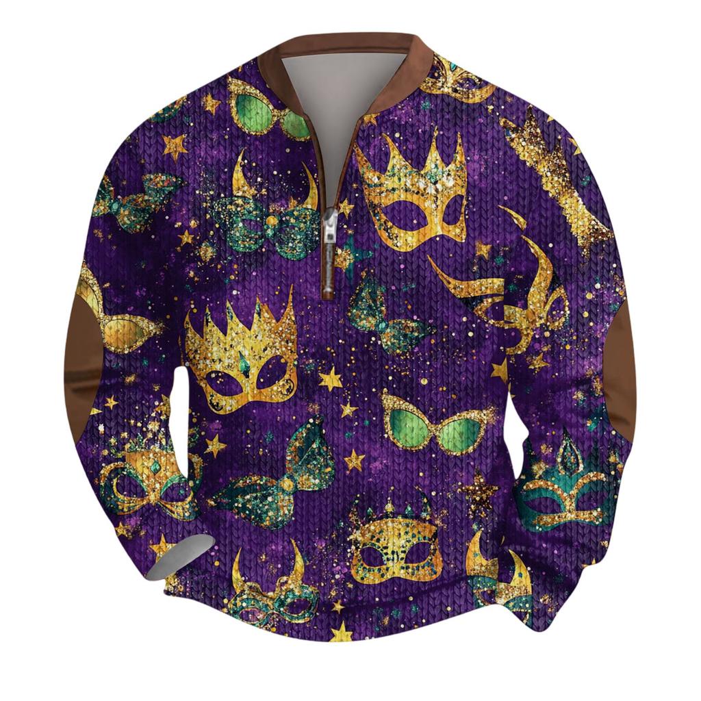 Mens Christmas Sweater Zip Up Sweatshirts Vintage Knit Graphic Sweatshirt CarnivalStand Collar Pullover