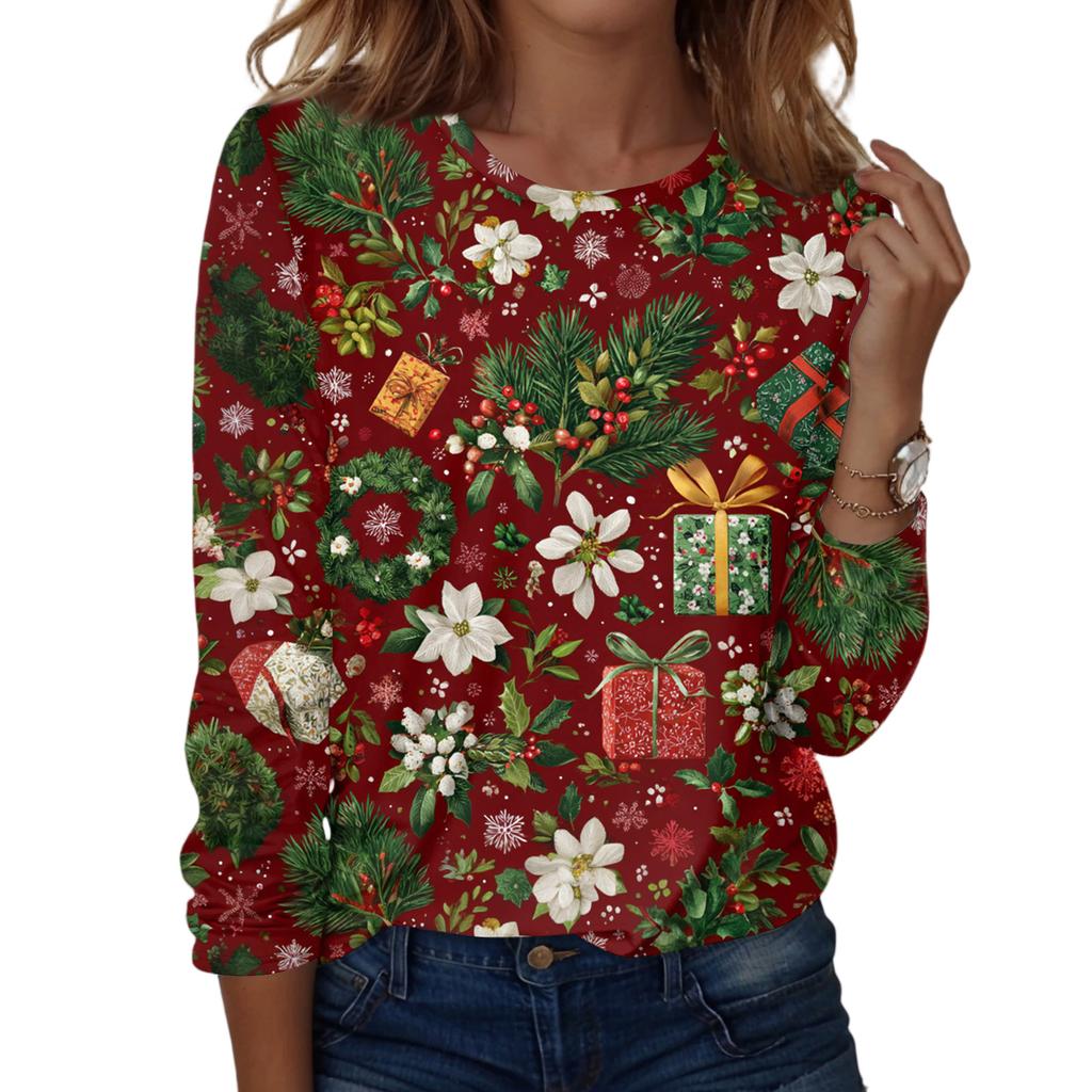 Women's Fashion Casual H Printed V-Neck Long Sleeve Decorative Button T-Shirt Tops