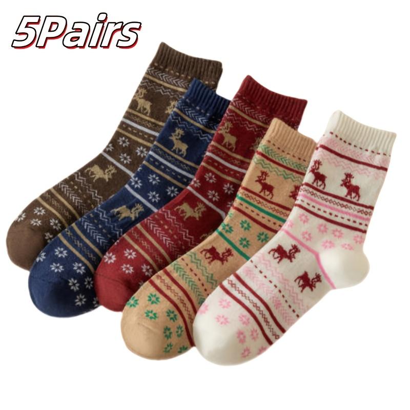 5 Pairs of Cozy Reindeer Print Mid-Calf Socks - Warm, Thick Christmas Socks for Women, Festive Animal Design Christmas Socks