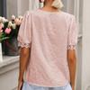 Summer Short Sleeve Tops Jacquard V-neck Lace Women Blouses Casual Hollow Elegant White Shirt Solid Vintage Korean Shirts 25718