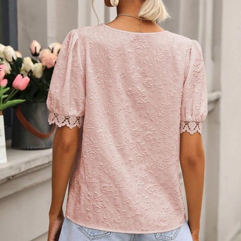 Summer Short Sleeve Tops Jacquard V-neck Lace Women Blouses Casual Hollow Elegant White Shirt Solid Vintage Korean Shirts 25718