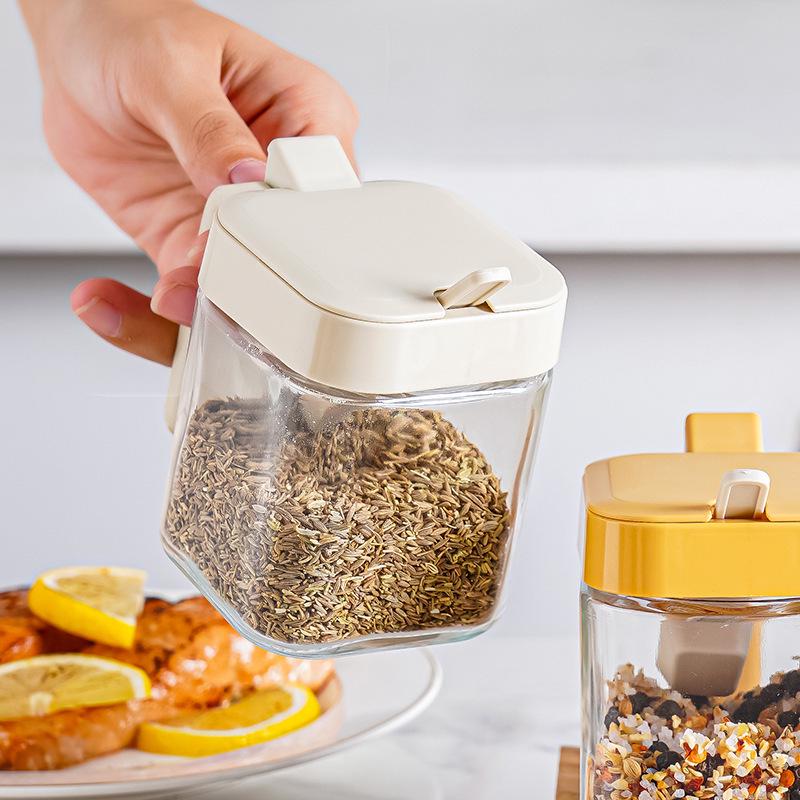 Glass Seasoning Box Set: Separate Storage for Salt, Sugar, MSG in Sealed Jars with Spoons