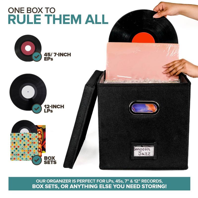 Vinyl Record Storage Box Album Storage Organizer Record Crate LP Album Storage Fabric Cabinet Organizer Case with Lid and Handle