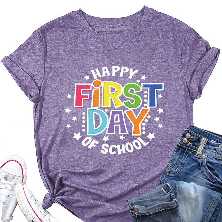 Summer loose crewneck Tshirt happy first day of printed casual shortsleeved fashion top