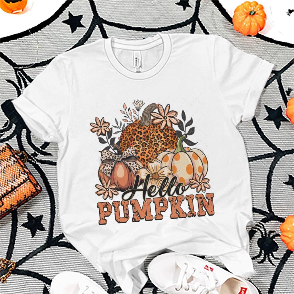 Hello Pumpkin Tshirt FeUnisex Halloween Fall Leopard Pumpkin Coquette Bow Graphic T Shirts Spooky Season Short Sleeve Tee Top