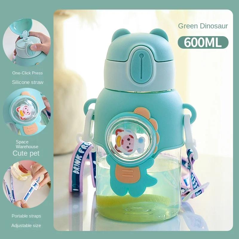 600ml Water Bottles for Children With Straw Cute Large Capacity Kawaii Cartoon Student School Travel Kids Drinking Cup