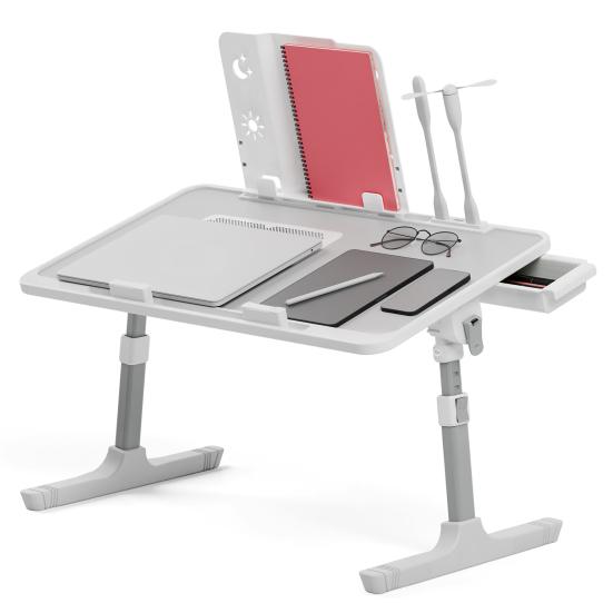 Laptop Lap Desk, Laptop Bed Tray Table, Adjustable Lap Desk with Light Fan, Folding Laptop Desk for Bed with USB, Bed Desk with Storage Drawer