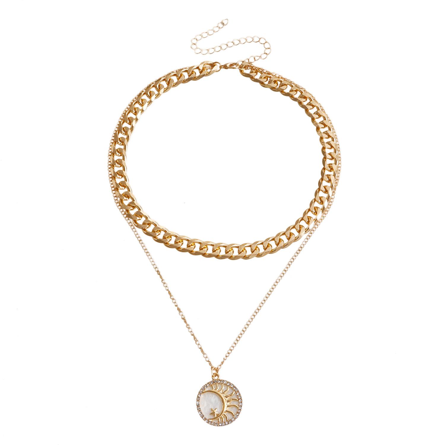 

Temperament Double-layer thick aluminum chain with diamond crescent white imitation fritillary pendant stacked necklace