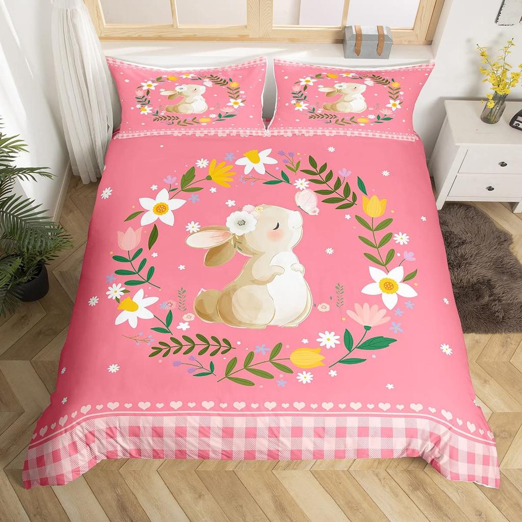 Kawaii Kaninchen Bettbezug Cartoon Tier Bettwäsche Set Geometrie Gitter Kariert Bettdeckenbezug Bunte Blumen Schmetterling Bettset