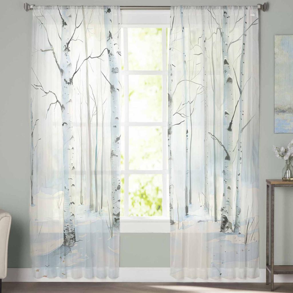 Winter Schneelandschaft Aquarell Birke Transparente Vorhänge Modernes Gazevorhang für Wohnzimmer Schlafzimmer Voile Garn Vorhänge