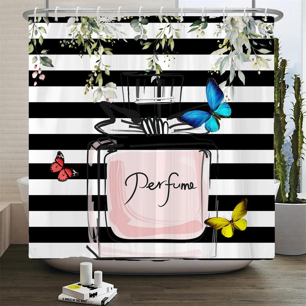 Perfume Bottle Flower Shower Curtain Set Black White Stripes Fashion Girl Woman Bathroom Decor Polyester Bath Curtains Hooks