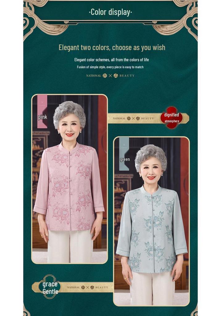 Chiffon Summer Shirt for Elderly Women: Chinese Style Round Neck Fashion.