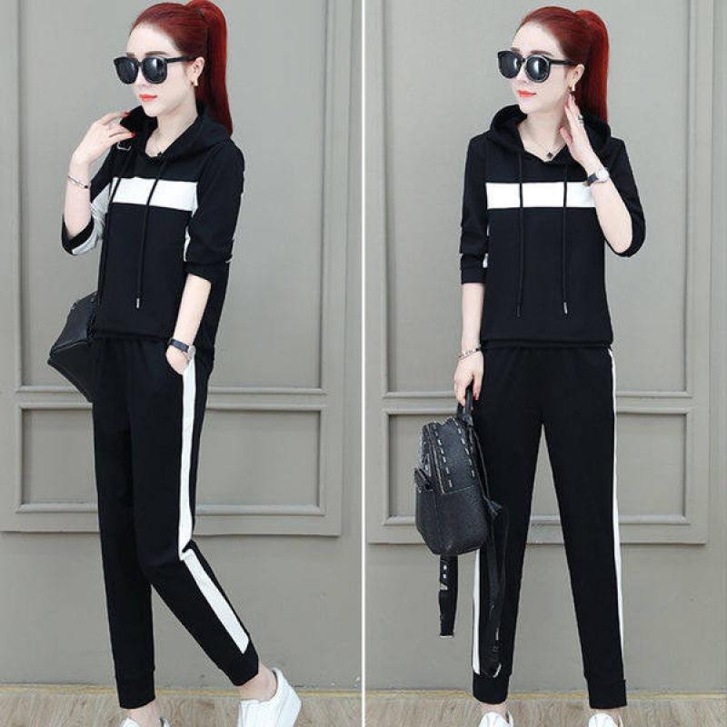 Early Autumn Casual Sports Suit for Women, Korean Style Loose Hooded Sweatshirt, Large Size Sportswear Two-piece Set