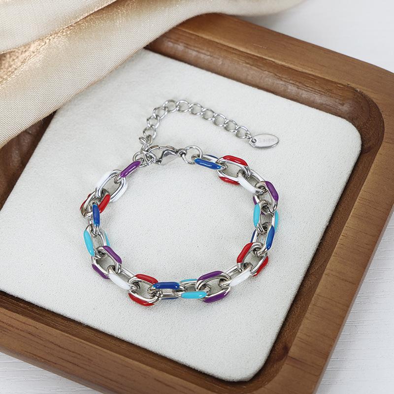 Colourful Enamel Necklace Bracelet For Women Stainless Steel 18K Gold Plated Waterproof Women's Neck Chain Bracelets Zircon Set