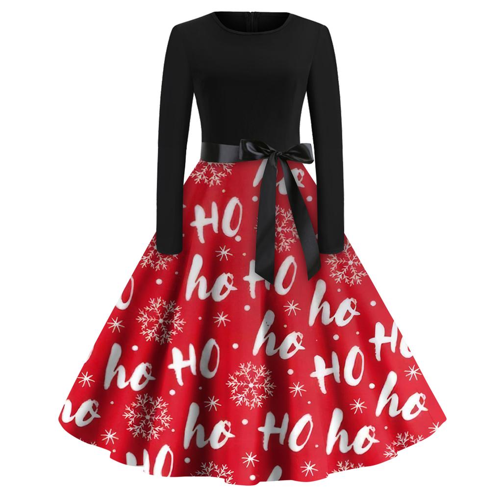 Christmas Print Flare Dress For Women Long Sleeve Dress Hollow Party Casual Dresses