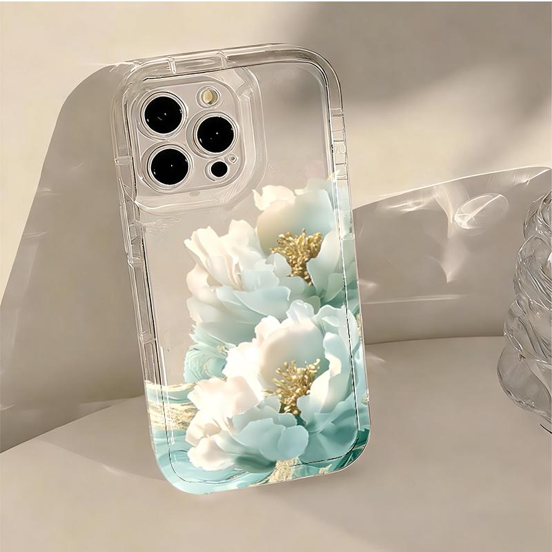 Ins Gentle Mint Green Peony Transparent Shockproof Phone Case for iPhone 17 17E 16 15 14 13 12 11 Pro Max TPU Luxury soft shell iphone 16 Plus