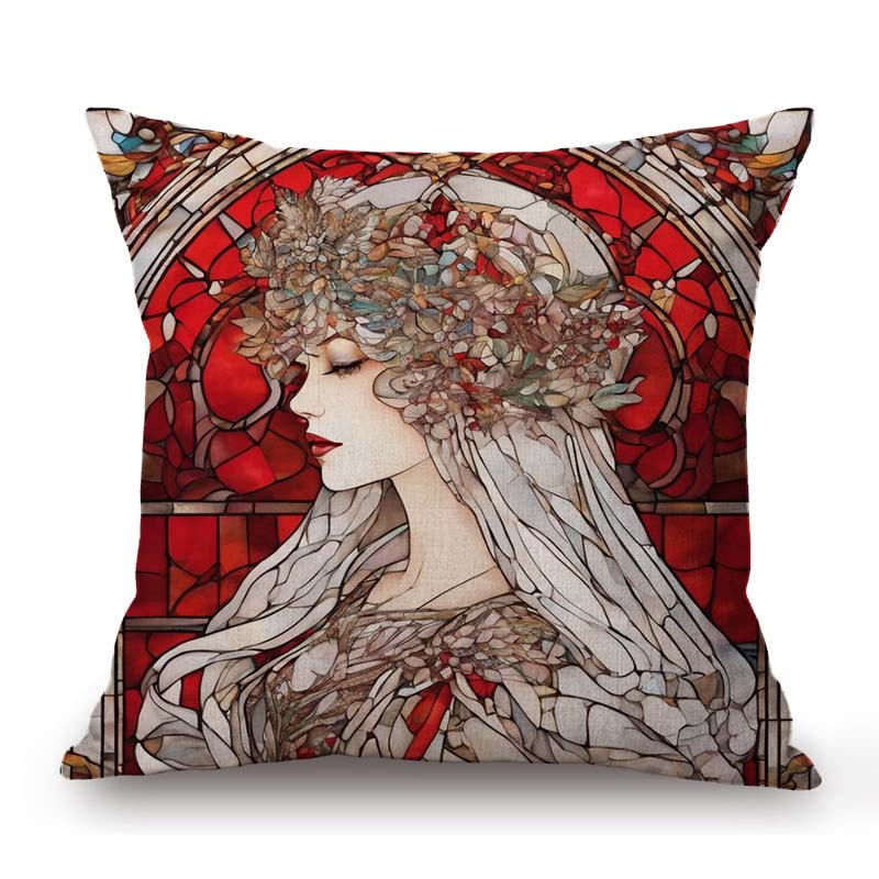 Nouveau Art Mucha Style Stained Glass Eleglant Lady Divine Witch Retro Decoration Art Sofa Pillow Case Linen Cushion Cover