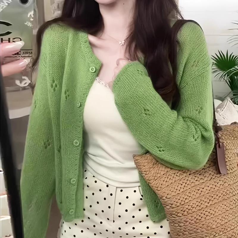 Gentle wind hook-up hollow green knitted cardigan women's early spring new niche soft waxy comfortable top