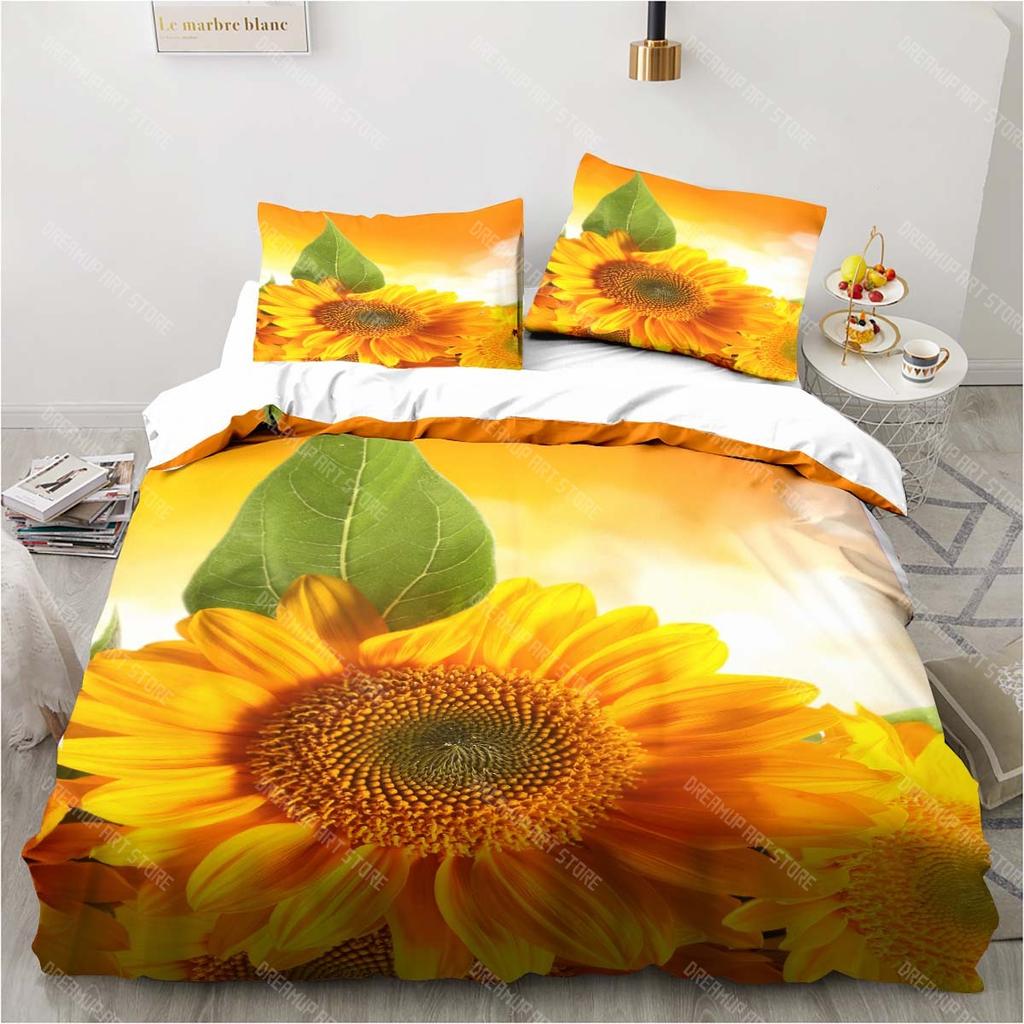3D Sunflower Printing Set Bedding Floral Pattern Three-piece Set Living Room Bedroom Home Decoration Pillowcase Quilt Cover Gift