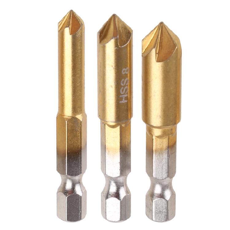 Countersink Drill Bits Center Punch Set 3 Pcs 1/4'' Hex Shank HSS 5 Flutes 90°
