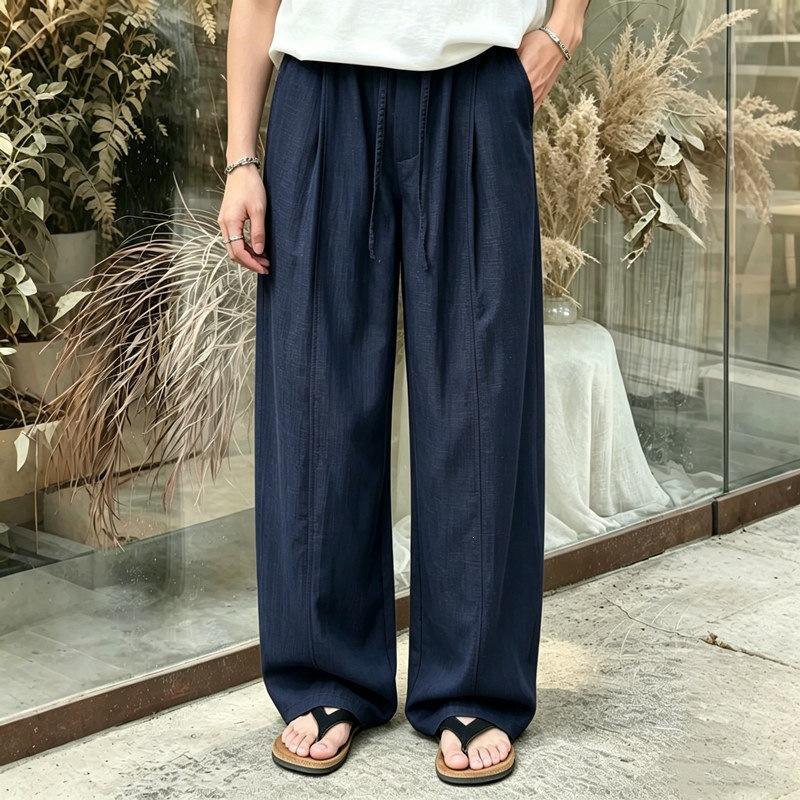 Chinese style summer thin Lyocell Tencel rain dew linen cotton and linen pants men's wide-leg old money style hemp pants