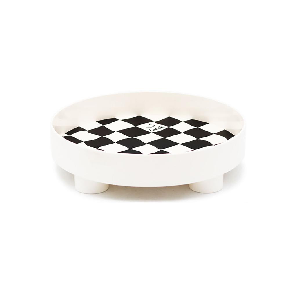 Round Storage Organizer Tray Checkerboard Design Plate Container Tray for Fruit Perfume Jewelry White, Small