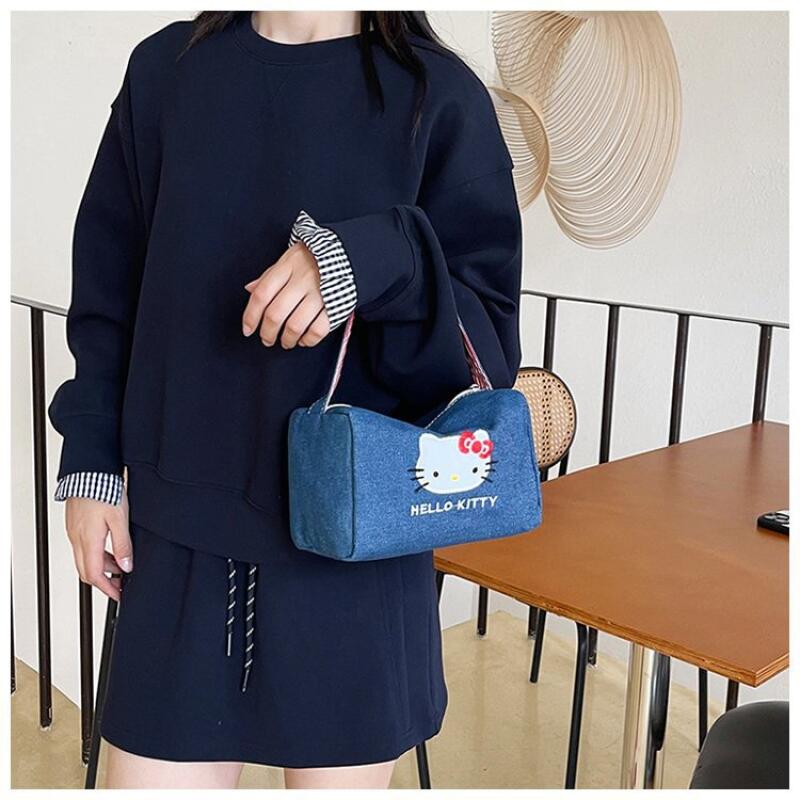 Cartoon Kitty Cat Denim Handbag Portable Kawaii Plush Bags Casual Handbag Cute Kitty Cat Makeup Bag Girls Women's shoulder bag