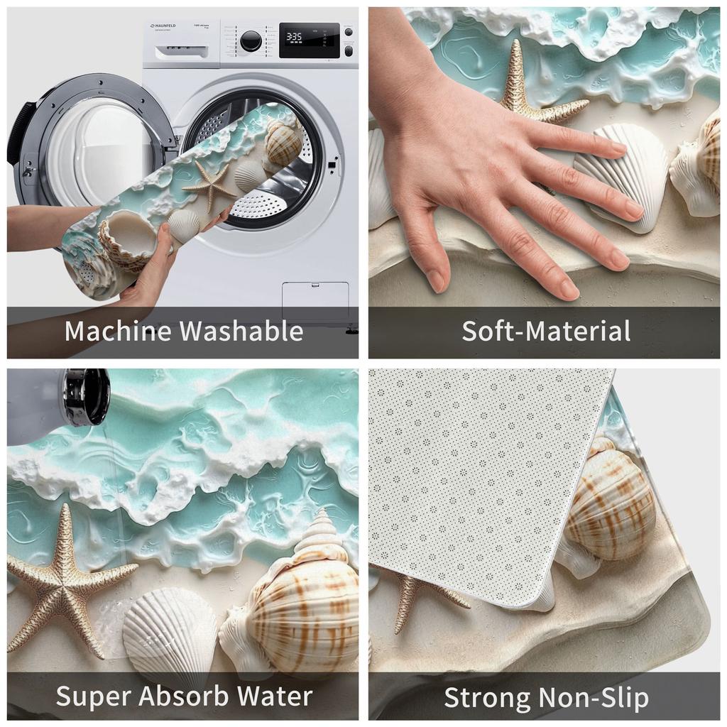 2D Flat Print Ocean Waves Seashells Doormat Non-Slip Entrance Kitchen Bath Door Floor Mats Living Room Carpet Rug
