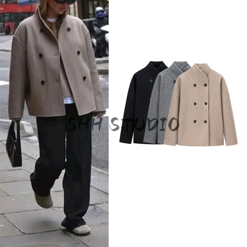 Autumn New Women's Clothing Korean Style Minimalist Stand Collar Long Sleeves Loose Double Breasted Short Woolen Overcoat Outwear