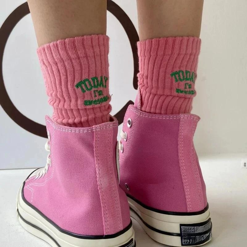 Funny Socks Cotton Embroidery Letter Today I’m Awesome Japan Korean Designer Socks Couple Mid-tube Sock Sports for Men Women