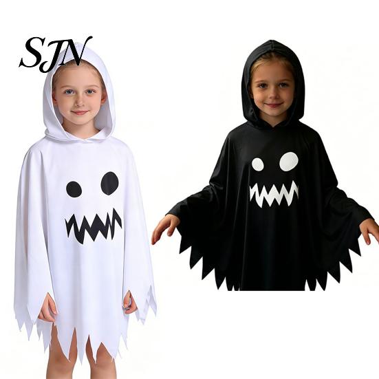 Kids And Adults Costume Halloween Ghost Cloak with Hood, Loose Fit Irregular Hem Soft Breathable Party Wear for Cosplay Party, White Spooky