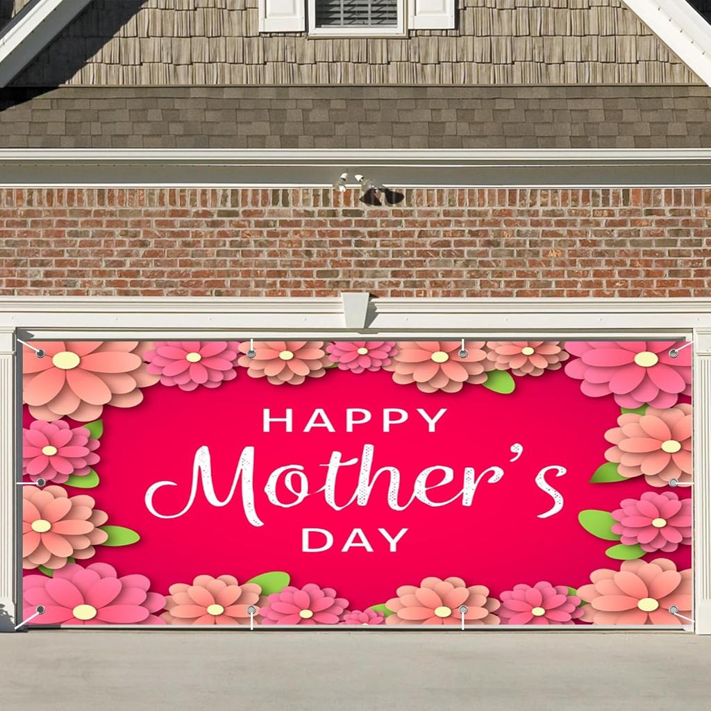 CSFOTO 7x16ft Happy Mother's Day Garage Door Decorative Banner Floral Wall Pink Background Large Garage Door Cover Outdoor Indoor Mother's Day Party