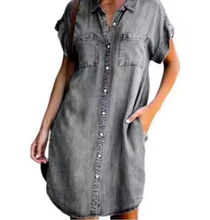 

Европейское и американское приталенное джинсовое платье-рубашка с коротким рукавом и лацканами для женщин Extra Large серый