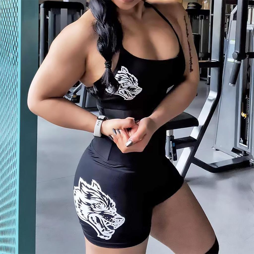 Nahtlose High-Waist Yoga-Shorts - Damen Elastisches Wolfskopf-Design