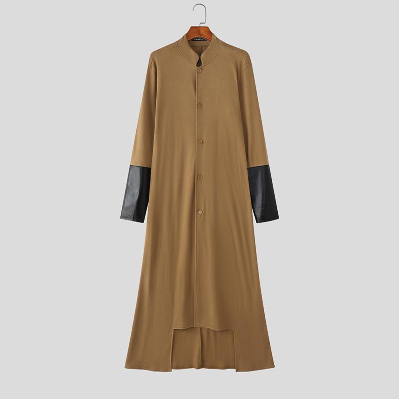 INCERUN Men Stand Neck Patchwork Long Sleeve Buttons High Splits Long Cardigan Coats