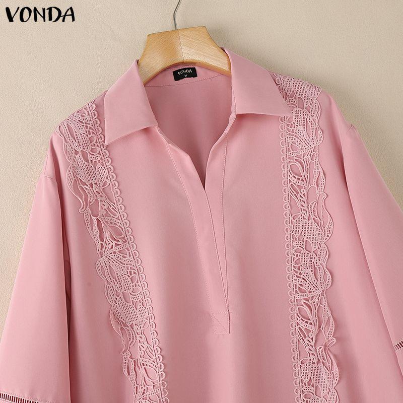 VONDA Women Casual Lapel Neck Crochet Lace Splice Long Sleeve Blouse Shirts