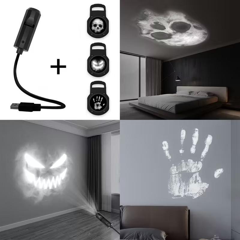 Smoke Face ProjectionLight with Skull and Palm Pattern360° Rotating LED USB Night Lamp for Living Room Halloween Christmas Decor
